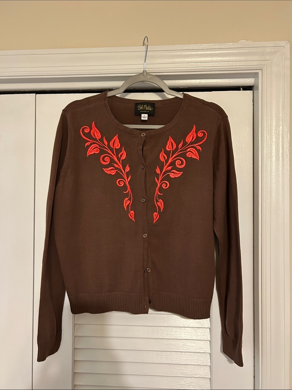 Bob Mackie Brown Cardigan with Bright Red Embroidered Vine